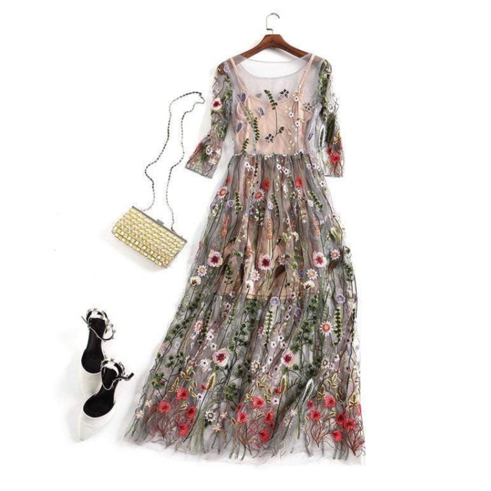 Floral Embroidered Mesh Overlay Party Dress
